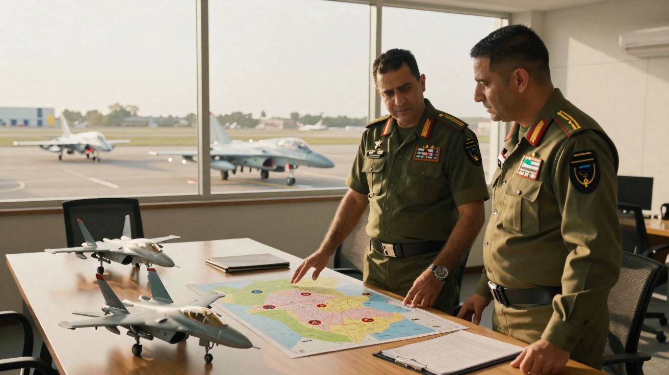 Dois militares em uniforme discutem mapa estratégico numa sala com janelas para pista de jatos de combate.