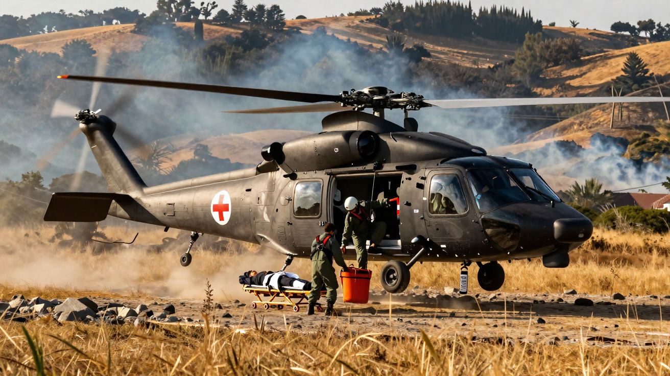 Helicóptero de emergência em aterragem com equipa médica a transportar paciente em maca num ambiente rural seco.