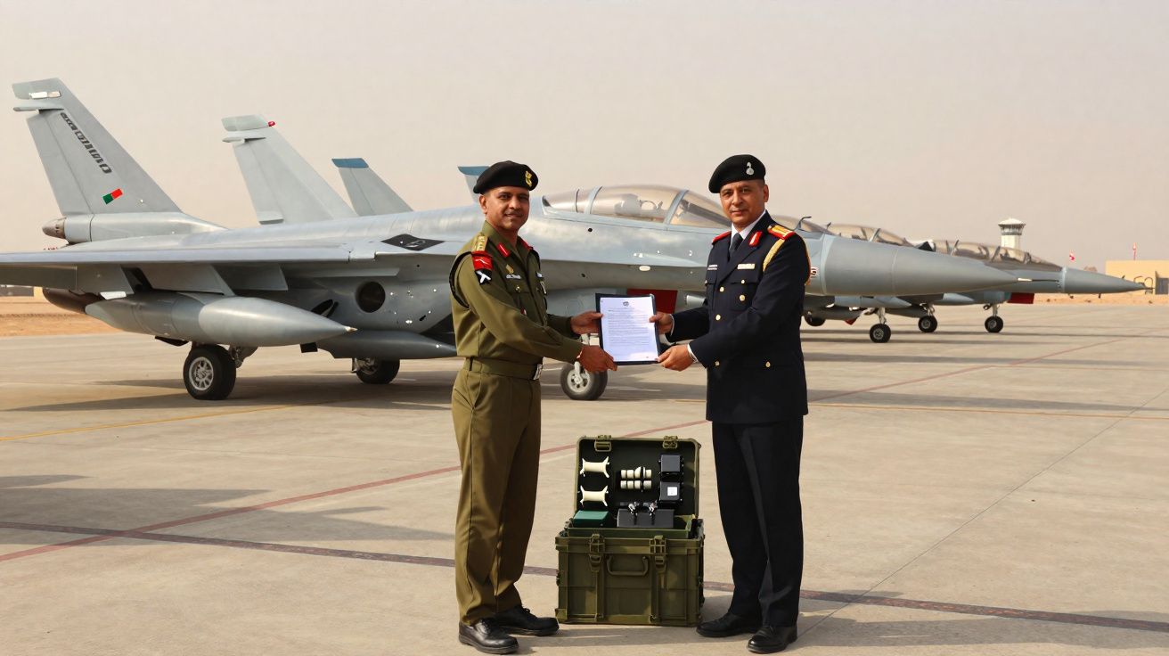 Dois militares em uniforme formal trocam documentos junto a um avião militar num aeródromo ao ar livre.