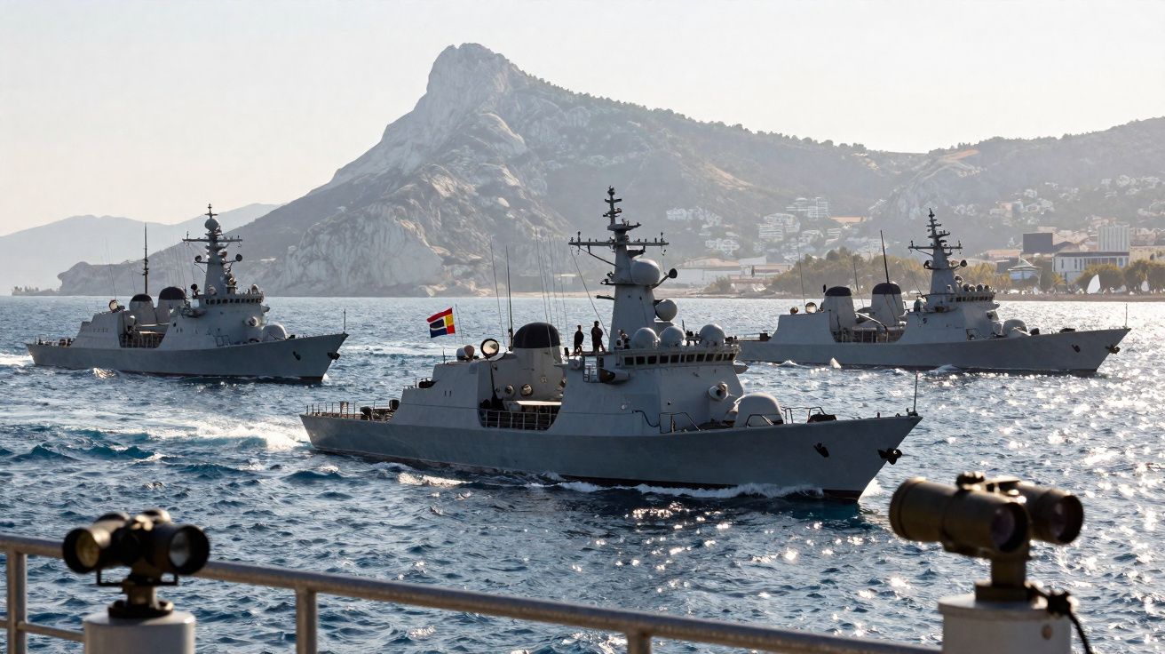 Três navios de guerra a navegar no mar com uma montanha e cidade ao fundo, vistos de outro navio.