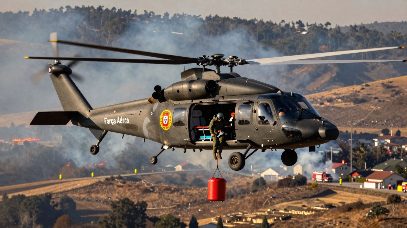 Helicóptero da Força Aérea portuguesa com bombeiro a combater incêndio numa zona rural.