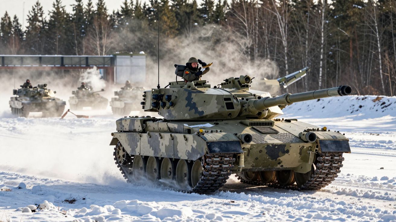 Tanque militar em camuflagem de inverno em movimento na neve, com soldados em posição de comando.