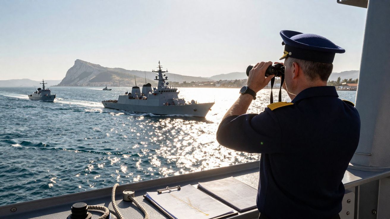 Oficial naval observa com binóculos vários navios militares no mar, com montanhas ao fundo e sol refletido na água.