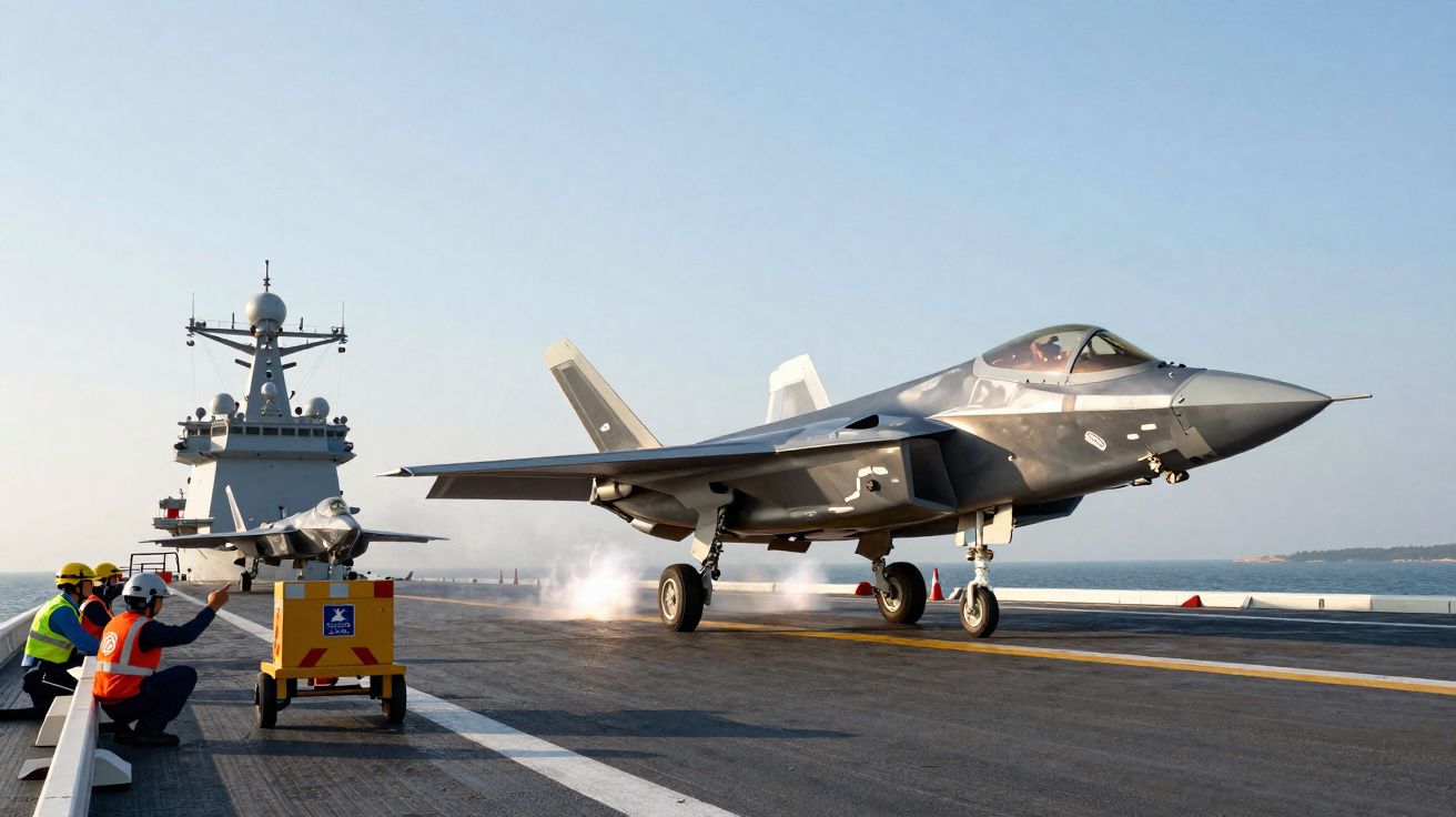 Caça F-35 a descolar do convés de um porta-aviões com militares a observar.