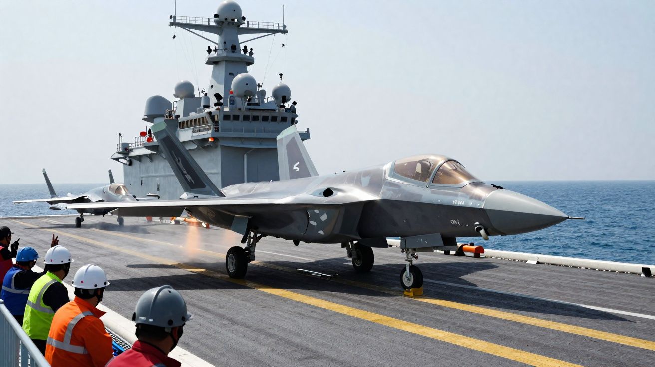 Caça militar a descolar de porta-aviões com tripulação a observar no convés em mar calmo.