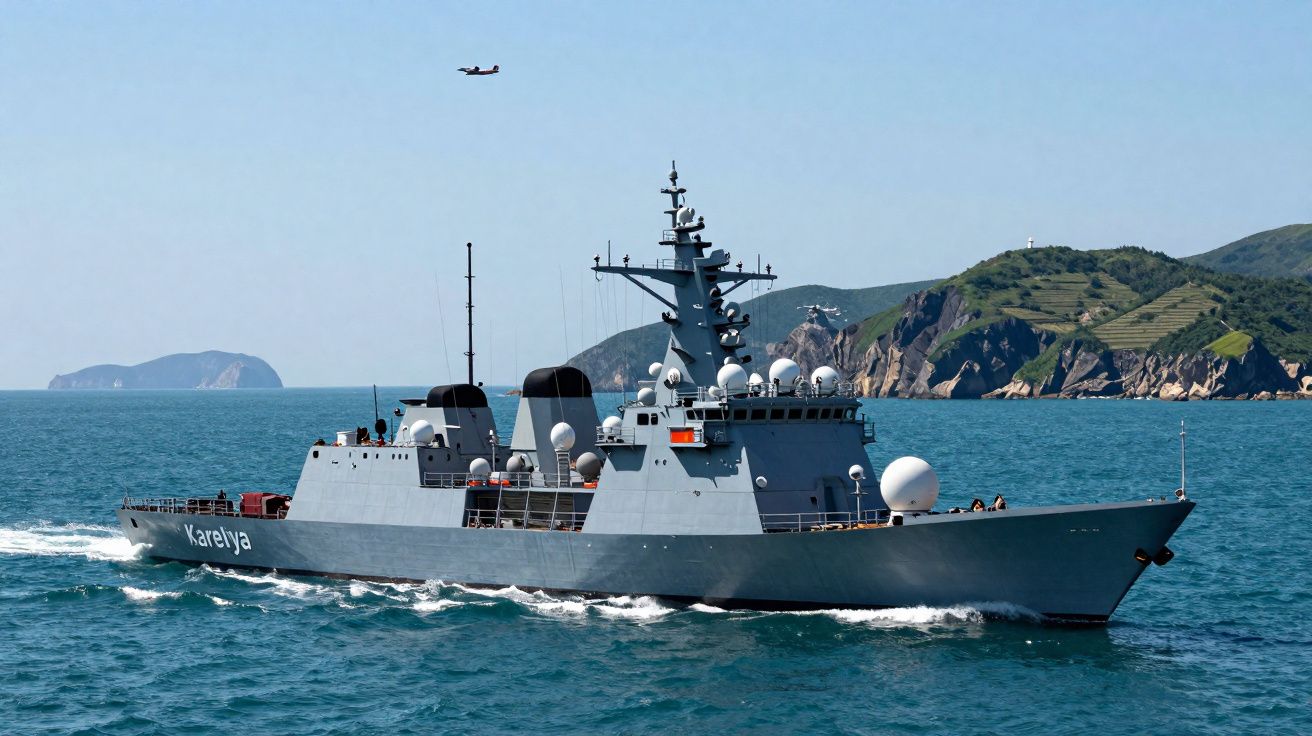 Navio militar cinzento com nome "Kareiya" a navegar próximo da costa rochosa em dia de céu limpo.