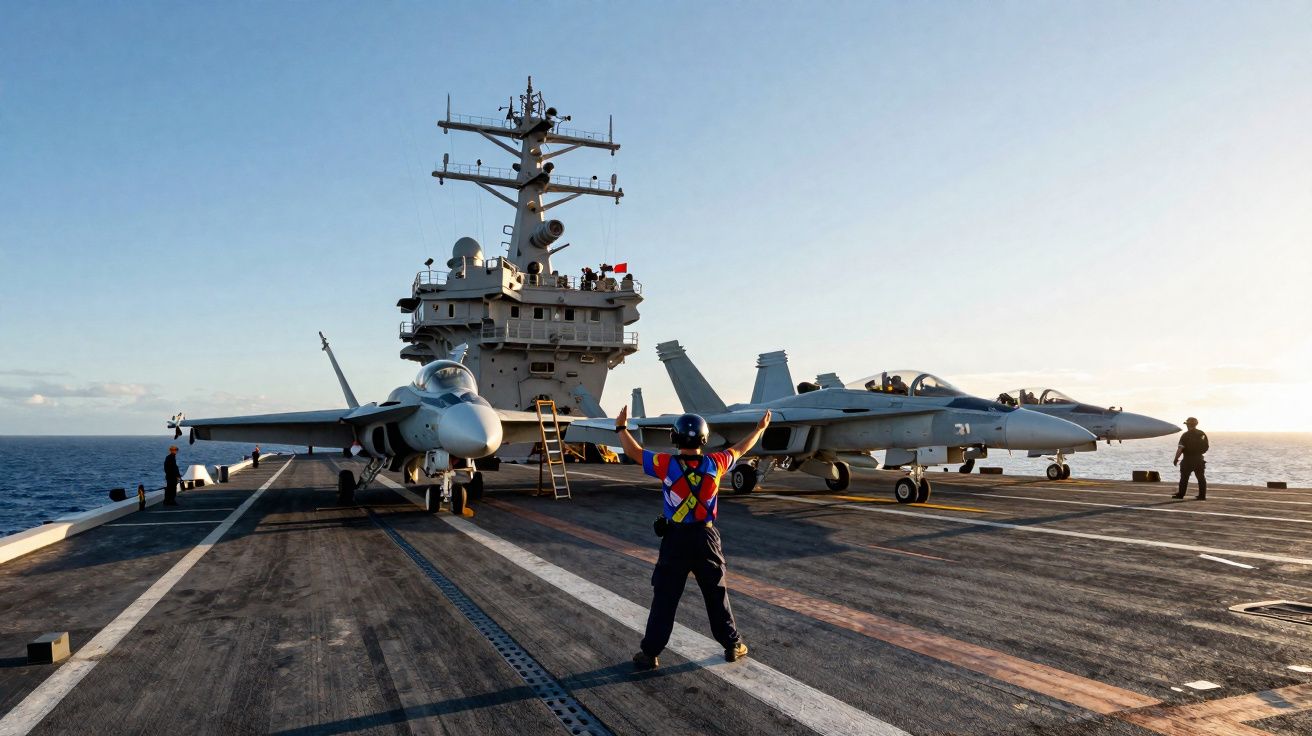 Porta-aviões no mar com dois caças F/A-18 na pista e operador a guiar de braços abertos.