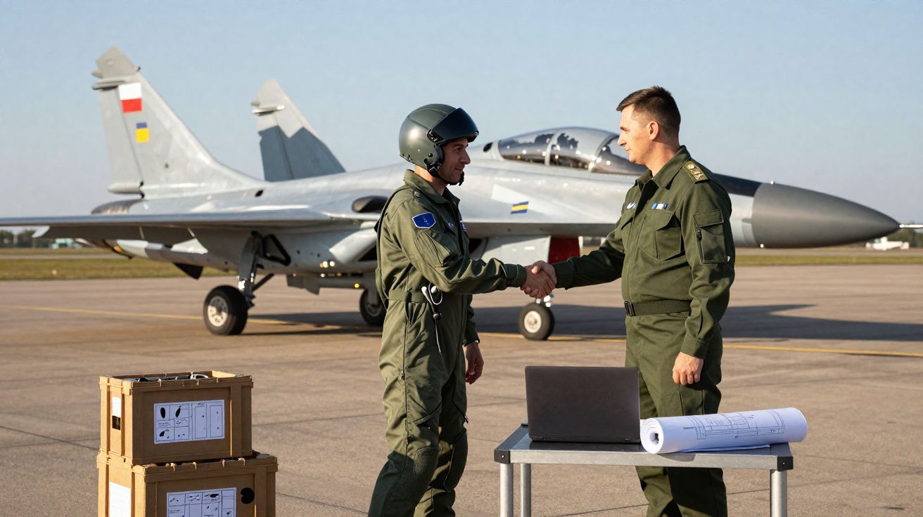 Dois militares apertam as mãos em pista de aviação junto a jato de combate e equipamento técnico.