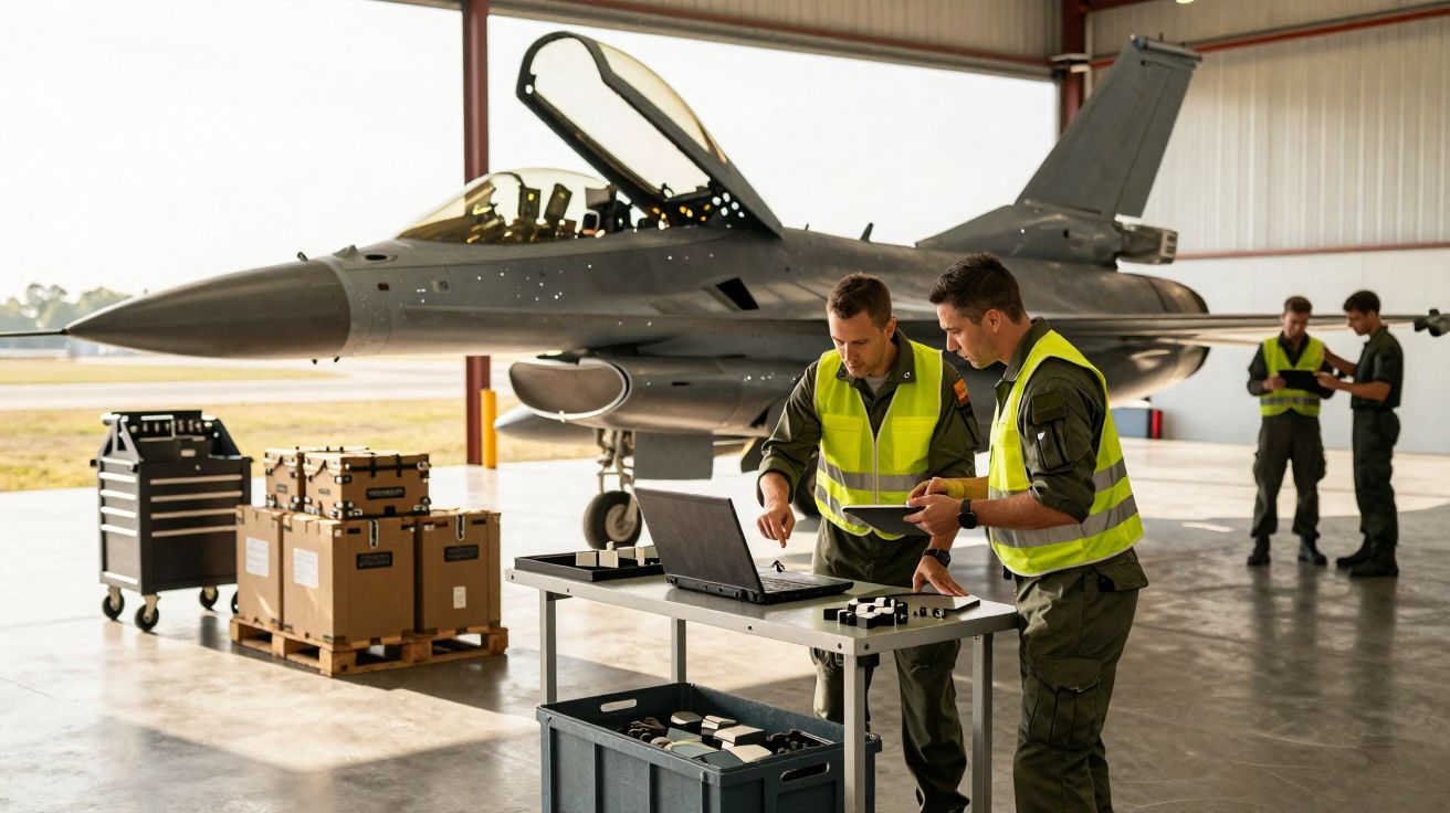 Dois militares com coletes refletores trabalham em computador junto a avião de caça numa hangar.