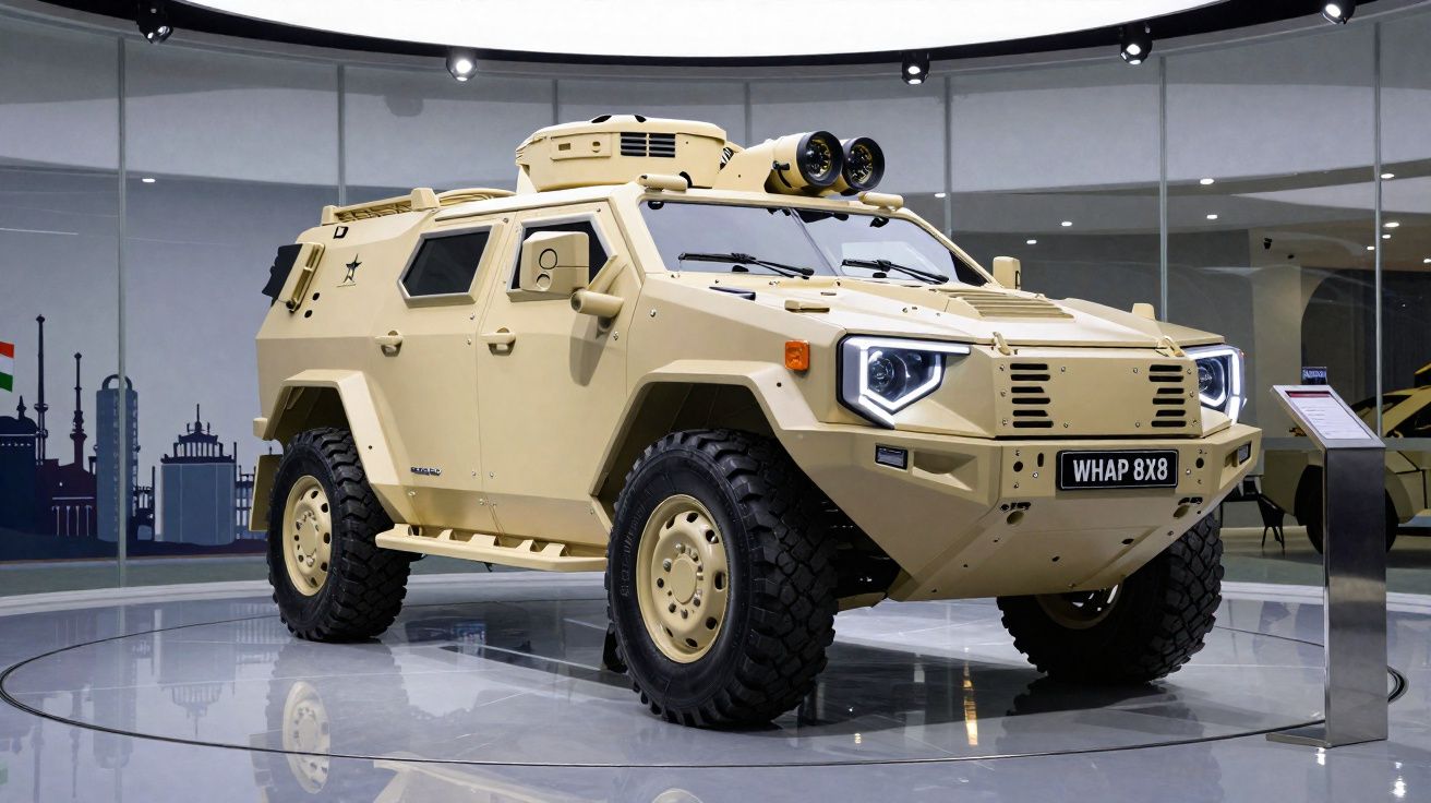 Veículo militar blindado bélico de cor bege exposto em ambiente fechado, com janelas de vidro ao fundo.