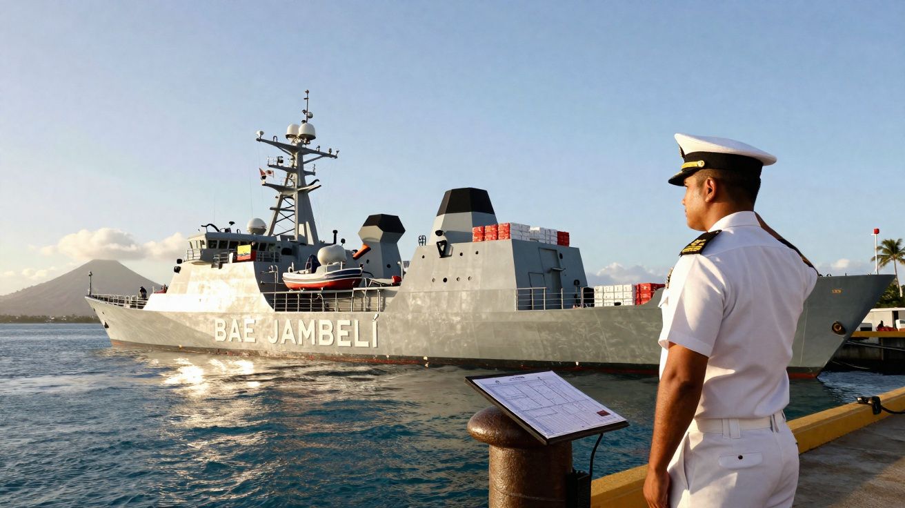 Militar em uniforme branco observa navio de guerra BAE Jambeli atracado em porto com montanha ao fundo.