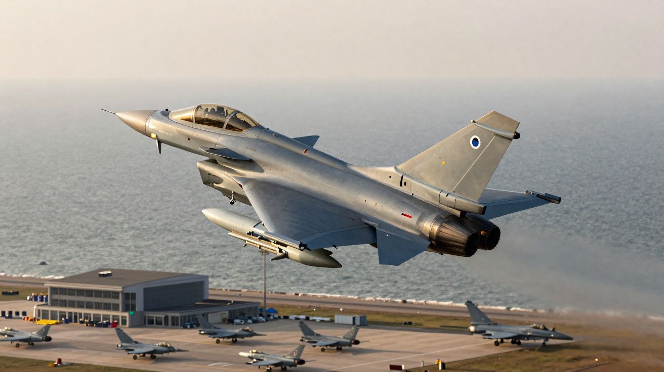Caça militar cinzento a descolar sobre uma base aérea junto ao mar com outros aviões estacionados.