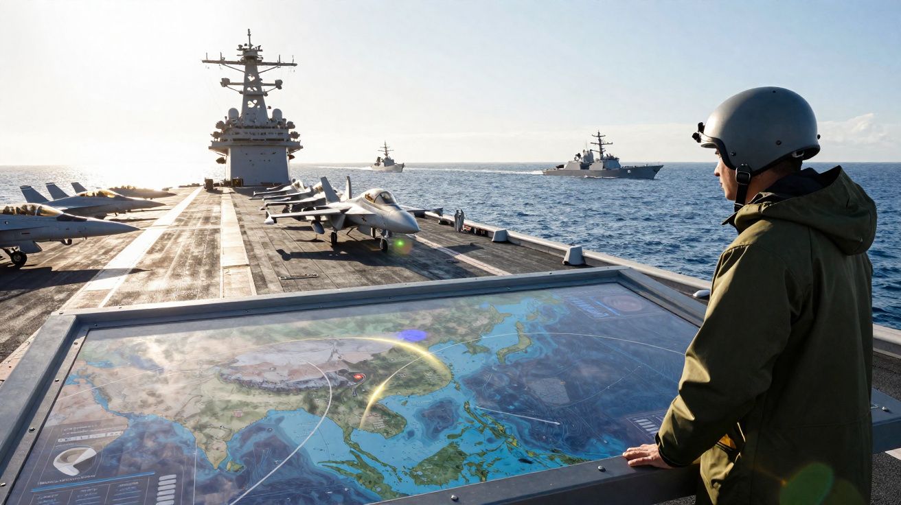 Homem com capacete observa mapa tático num porta-aviões com caças e navios militares no mar.
