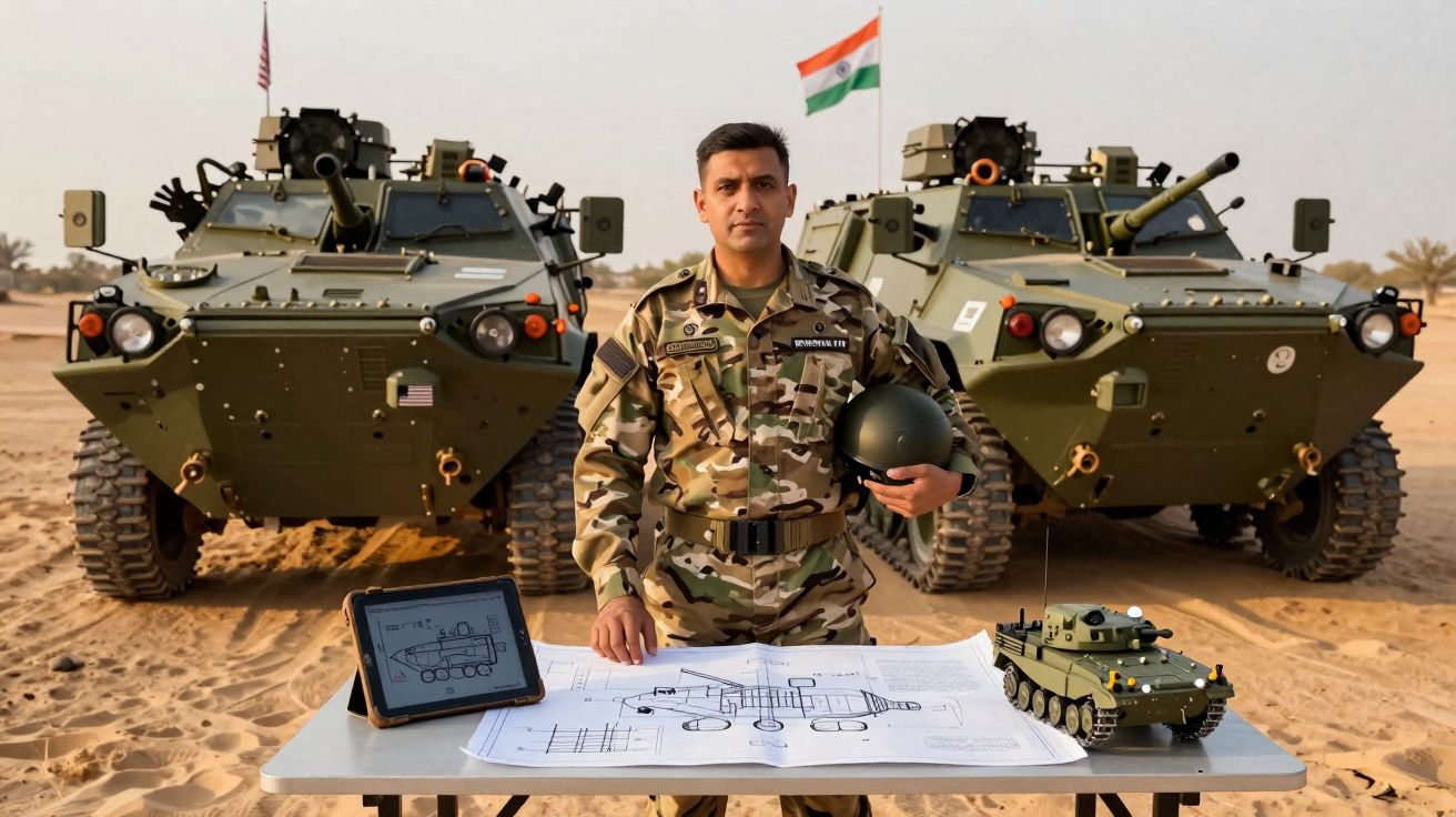 Soldado indiano em uniforme camuflado com capacete, à frente de veículos militares e plantas técnicas num deserto.