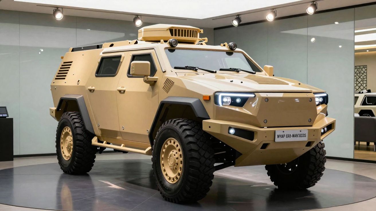 Veículo militar blindado cor bege em exposição numa sala moderna com paredes espelhadas.