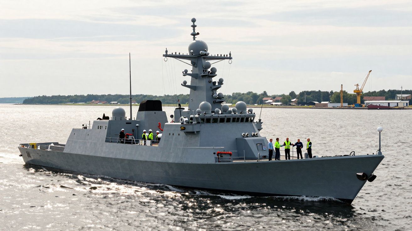 Fragata militar cinzenta a navegar com várias pessoas no convés, mar e costa ao fundo.