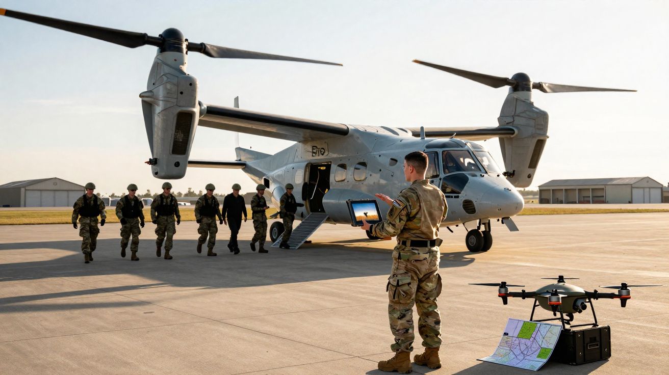 Soldado com tablet junto a drone e aeronave militar enquanto grupo de soldados regressa ao avião num aeroporto.
