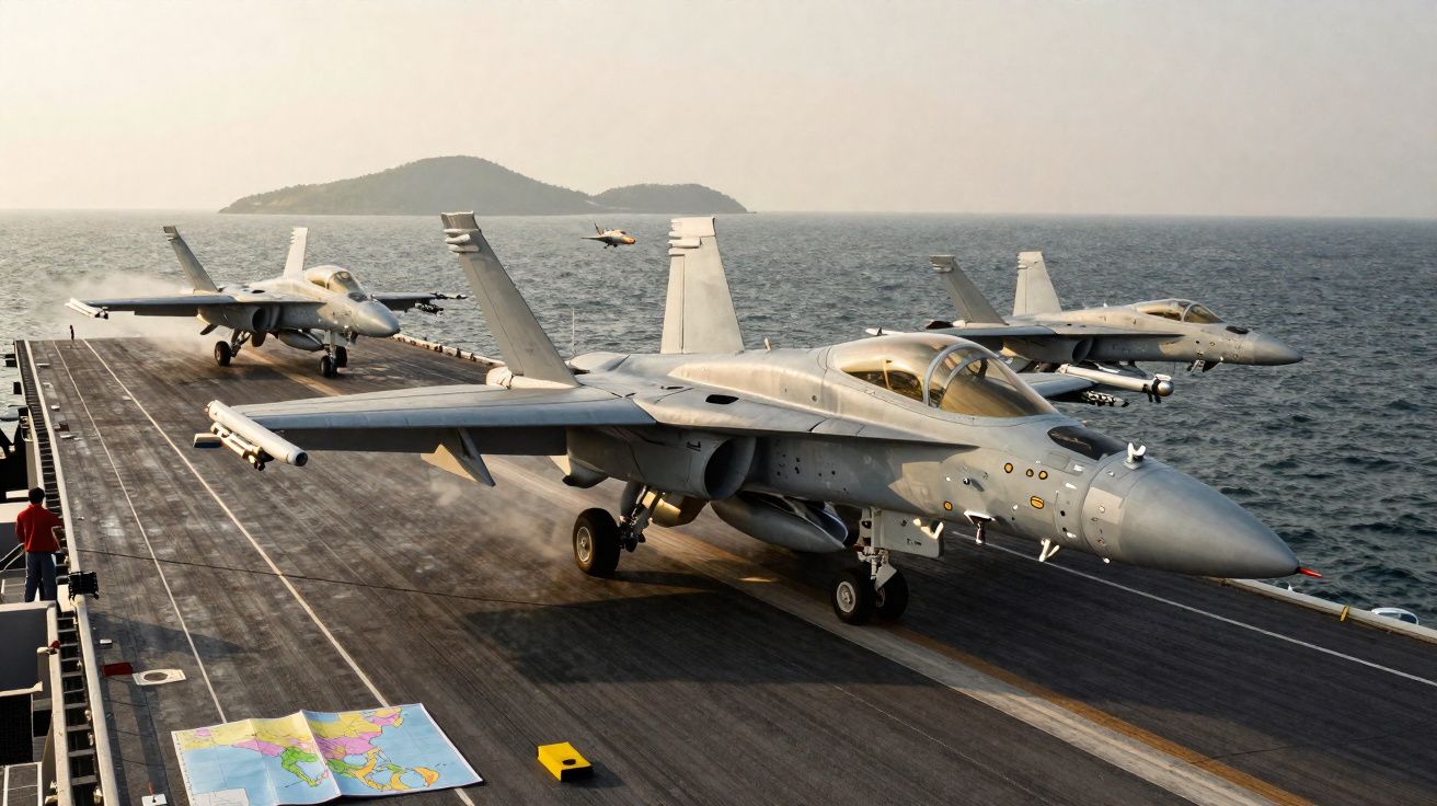 Porta-aviões com três caças navais estacionados na pista, mar e ilha ao fundo em dia claro.