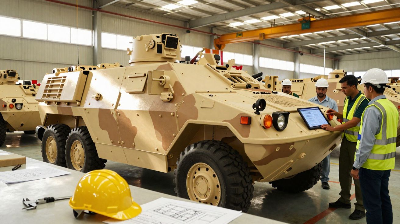 Homens de equipamento de construção verificam documentos junto a veículo militar blindado dentro de armazém industrial.