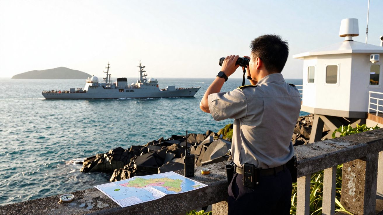 Homem em uniforme observa navio de guerra ao longe com binóculos, perto de mapa e rádio, junto ao mar.