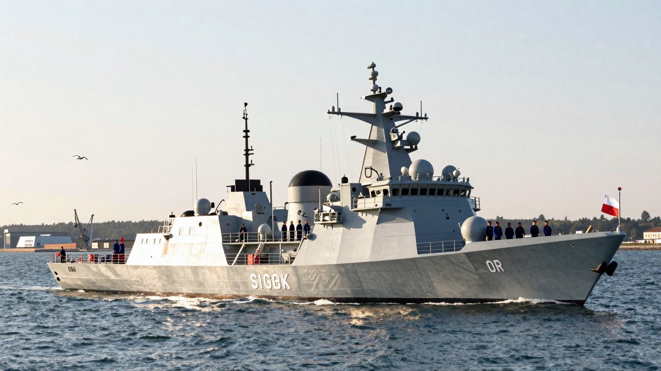 Navio militar cinzento com sinal SIG6K navegando em mar calmo, com tripulação visível no convés.