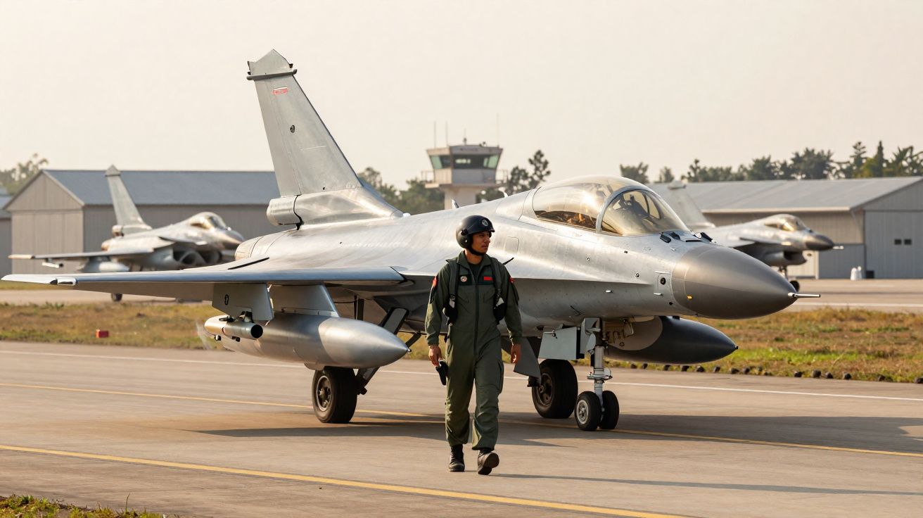 Piloto militar a caminhar junto a jato de combate estacionado numa pista de aeroporto militar.