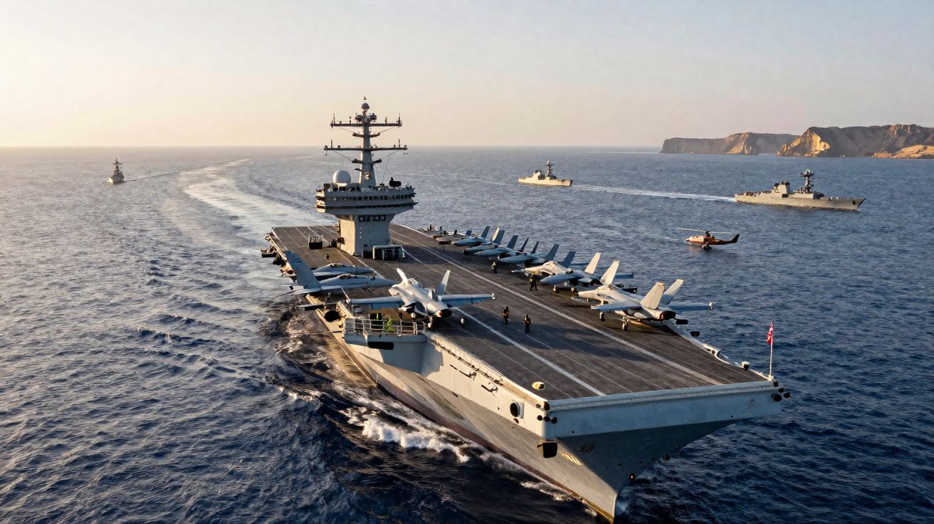 Porta-aviões com aviões de caça no convés navegando acompanhado de vários navios de guerra no mar ao pôr do sol.