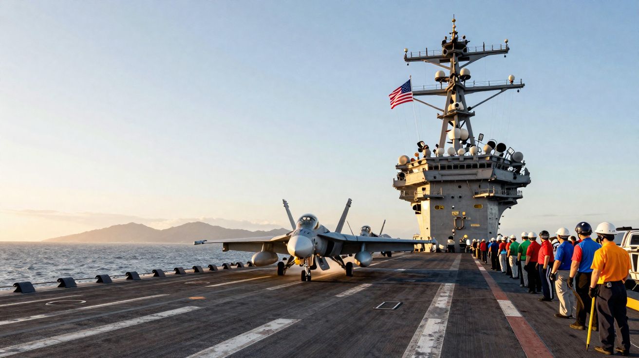 Porta-aviões com avião de caça na pista e tripulação alinhada ao lado sob bandeira dos EUA ao pôr do sol.