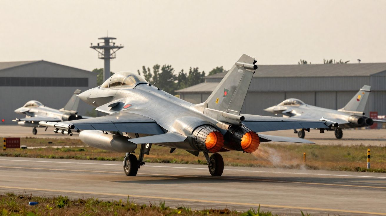 Caça militar na pista com pós-combustores ligados e outros dois aviões ao fundo em aeroporto.