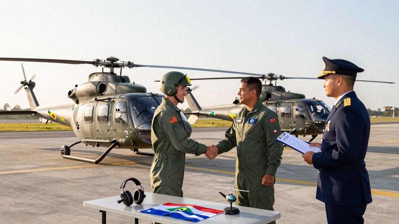 Dois pilotos militares a cumprimentar-se junto a dois helicópteros no aeroporto, com oficial a observar à direita.