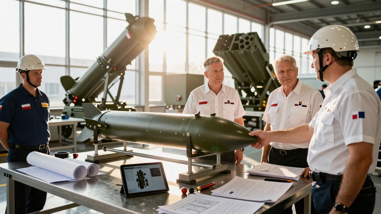 Engenheiros militares em uniforme e capacete analisam modelo de míssil em oficina com equipamento militar.