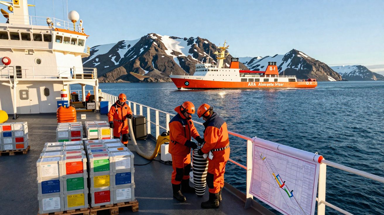Dois tripulantes em roupa laranja manipulam equipamento num navio com montanhas nevadas ao fundo.