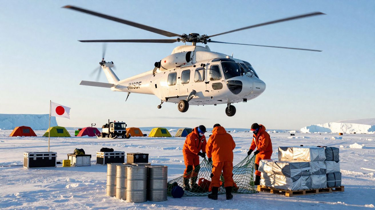 Helicóptero branco a sobrevoar equipa em fato laranja em base científica na neve com tendas coloridas ao fundo.