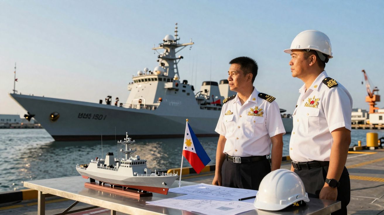 Dois oficiais navais ao lado de maquete de navio e plantas junto ao porto com navio de guerra ao fundo.