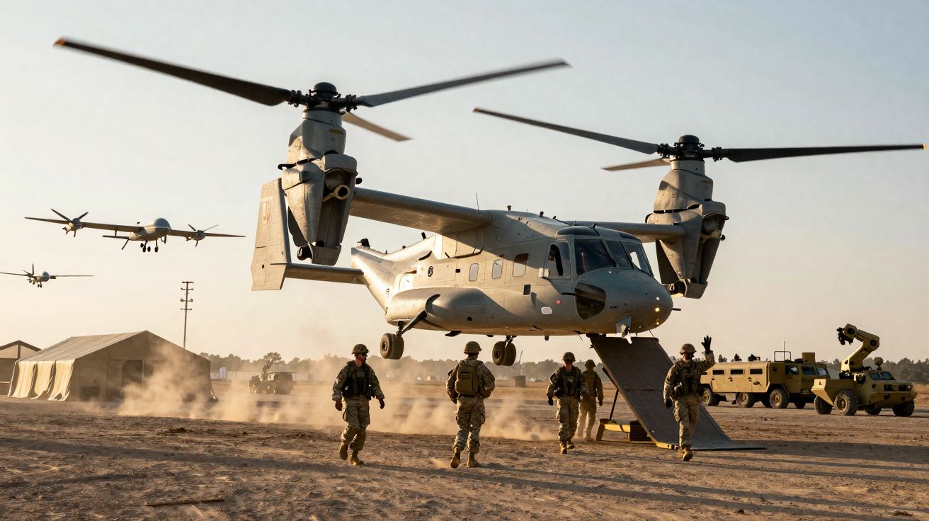 Soldados militares desembarcando de helicóptero de transporte em missão com drones e veículos militares ao fundo.