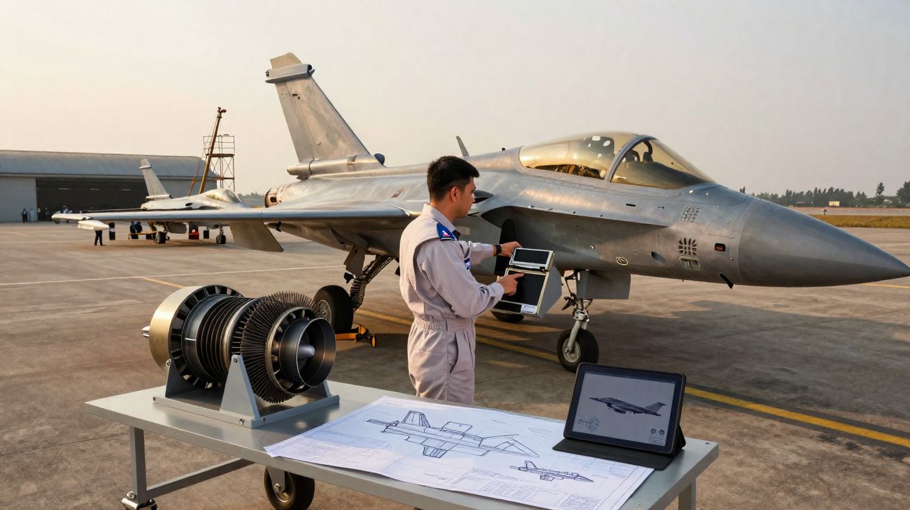 Técnico em fato de voo a operar dispositivo digital junto a jato militar estacionado, com maquete e planos na mesa.