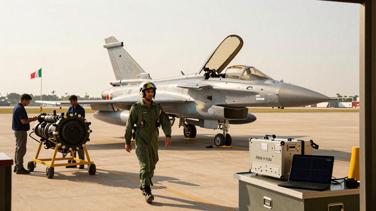 Caça militar estacionado com piloto a caminhar e dois técnicos a inspecionar equipamento num aeroporto com bandeira indiana.