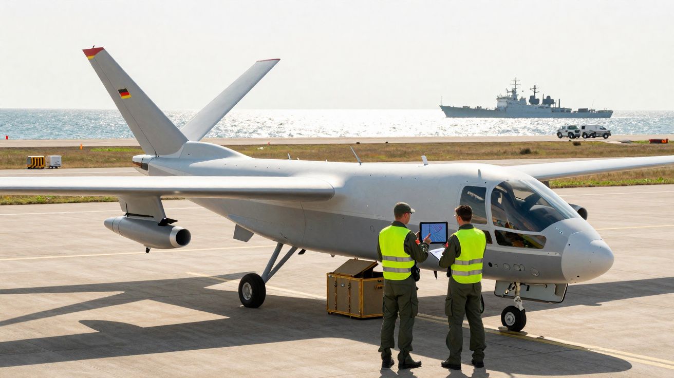 Dois militares com coletes refletivos observam um drone militar cinzento numa pista junto ao mar, com navio ao fundo.