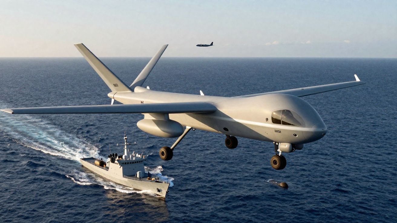 Dron militar a voar sobre o mar com um navio e outro avião ao fundo em céu claro.
