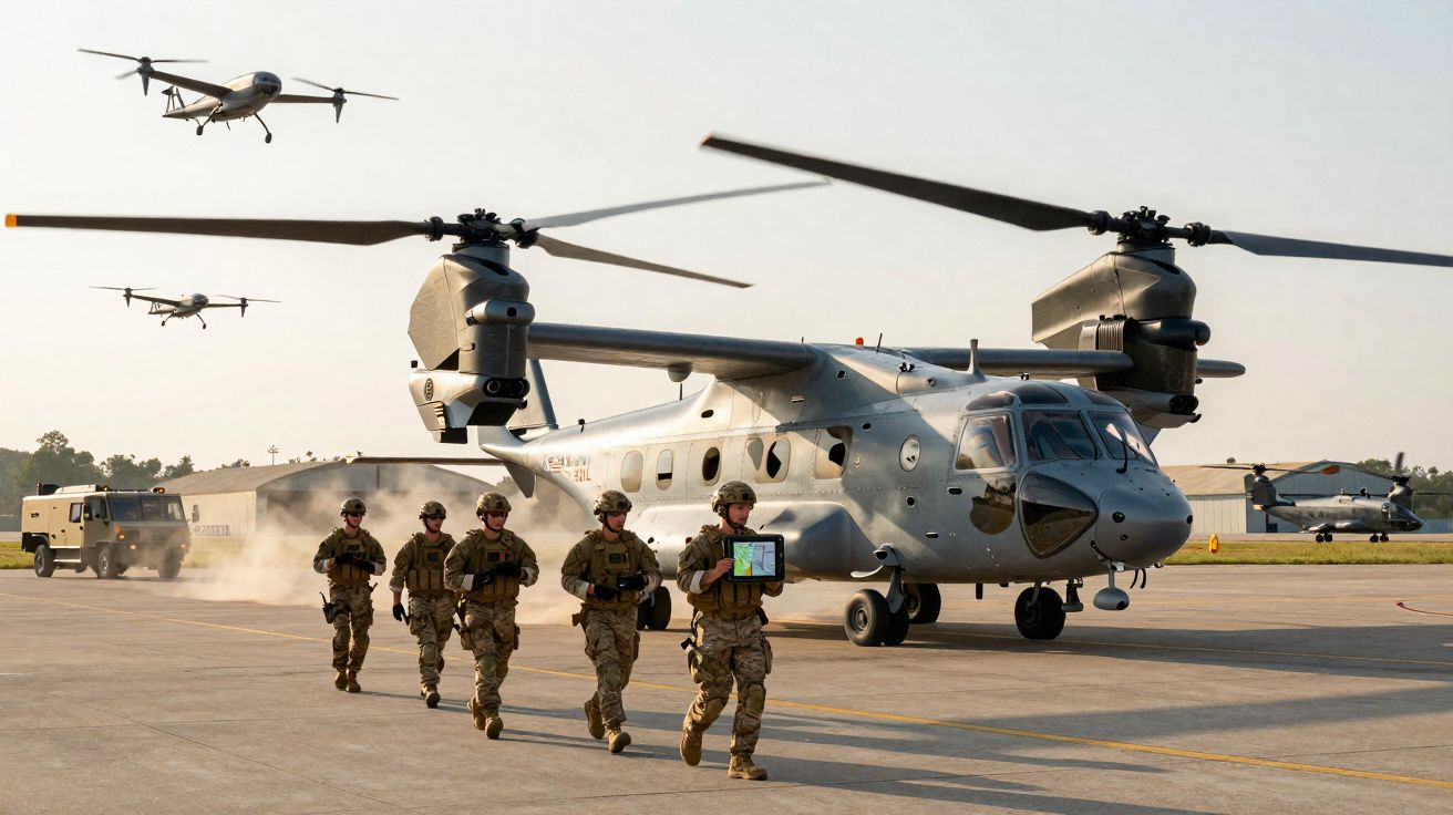 Soldados em uniforme militar caminham junto a helicóptero de transporte e drones em base aérea ao entardecer.