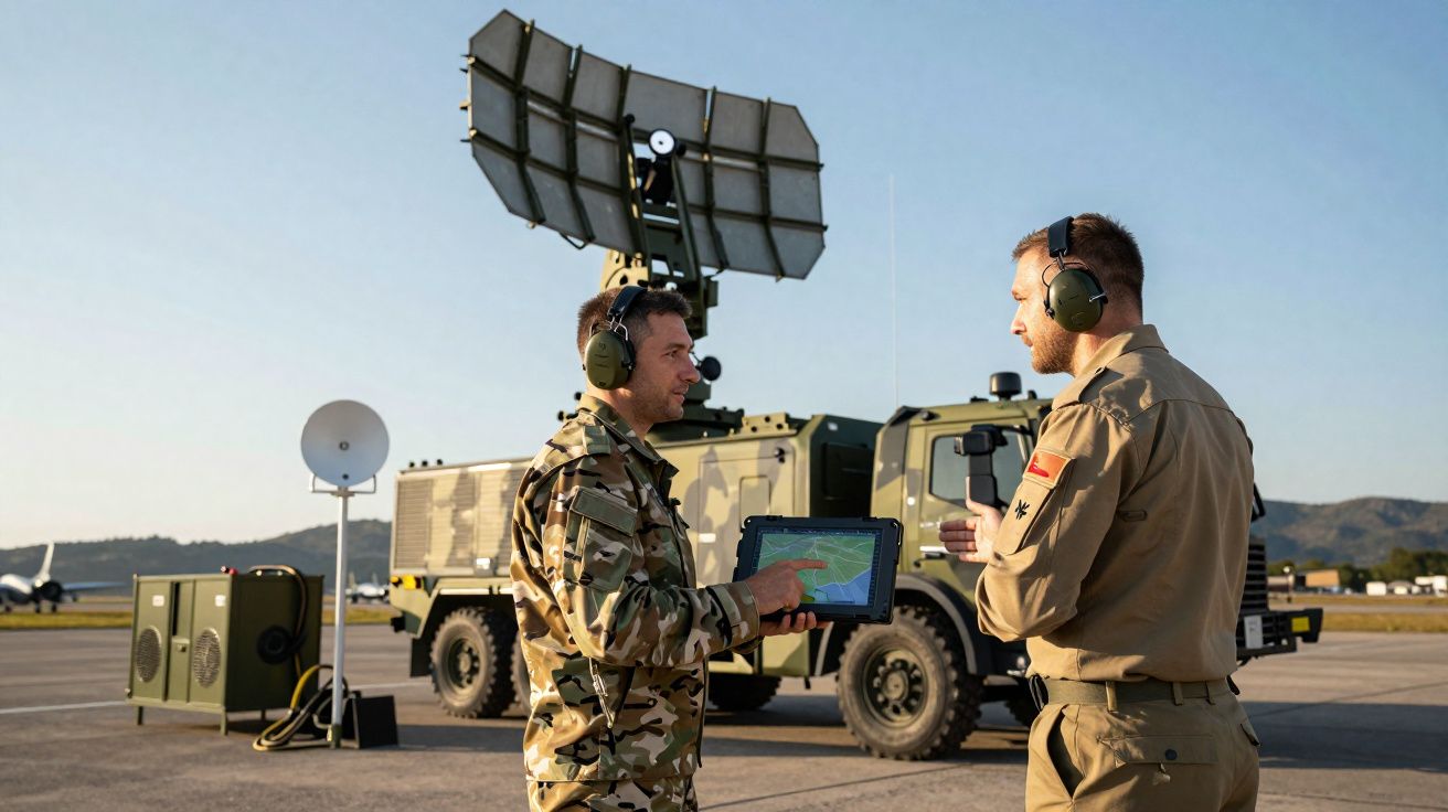 Dois militares com auriculares discutem usando um tablet perto de um veículo militar equipado com radar num aeródromo.