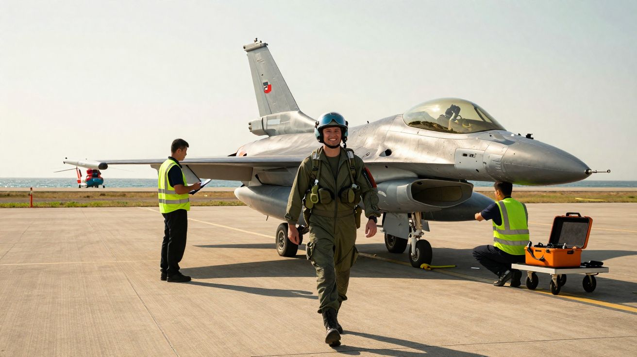 Piloto sorridente caminha junto a caça F-16 estacionado com técnicos em pista aérea à beira-mar.