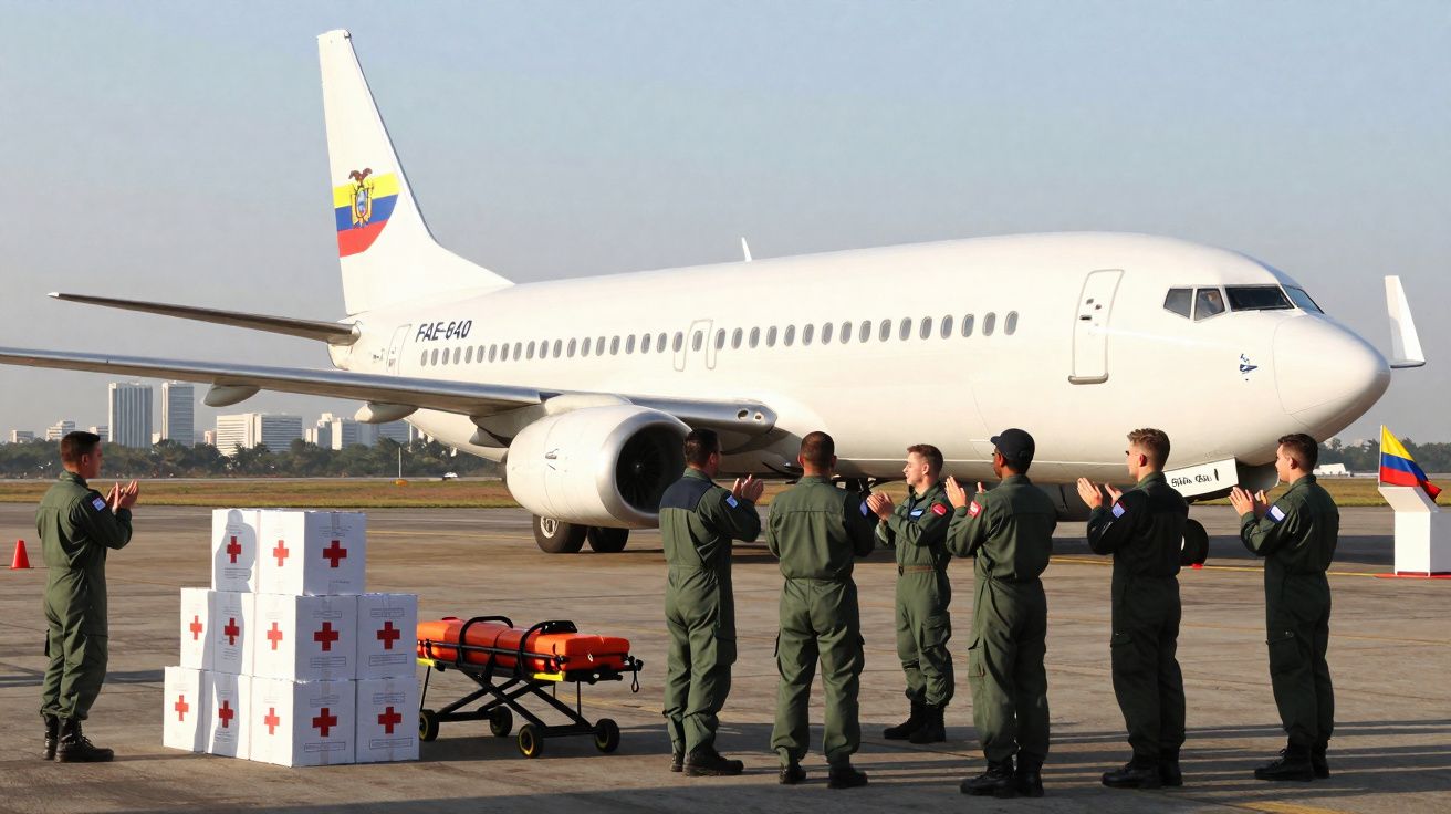 Militares a aplaudir junto a um avião branco e caixas de ajuda humanitária com cruz vermelha.
