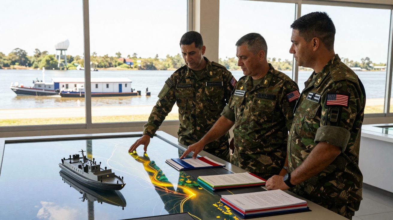 Três militares uniformizados planeiam estratégia sobre mesa interativa com modelo de navio junto a janela com vista para rio.