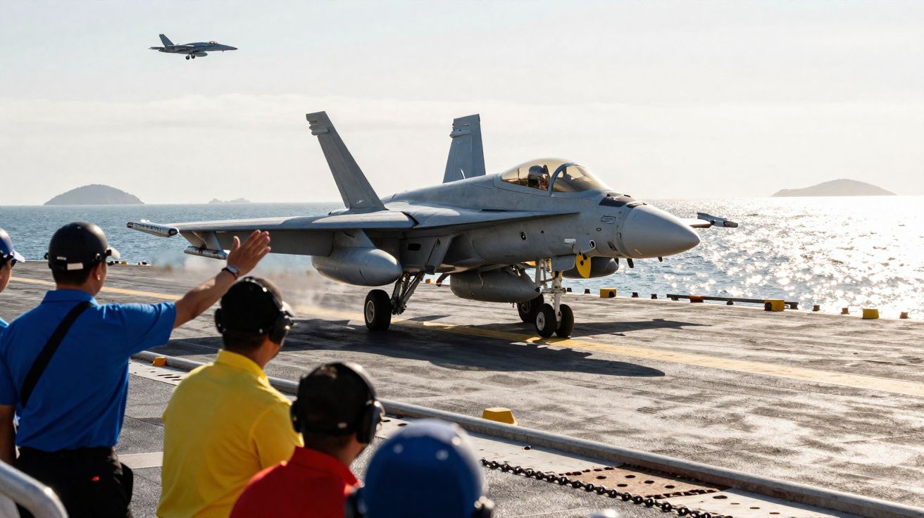 Caça F-18 a aterrar num porta-aviões com tripulação a orientar na pista, ao pôr do sol no mar.