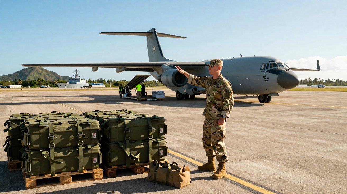 Soldado em uniforme militar a sinalizar ao lado de caixas verdes e avião militar parado numa pista de aeroporto.