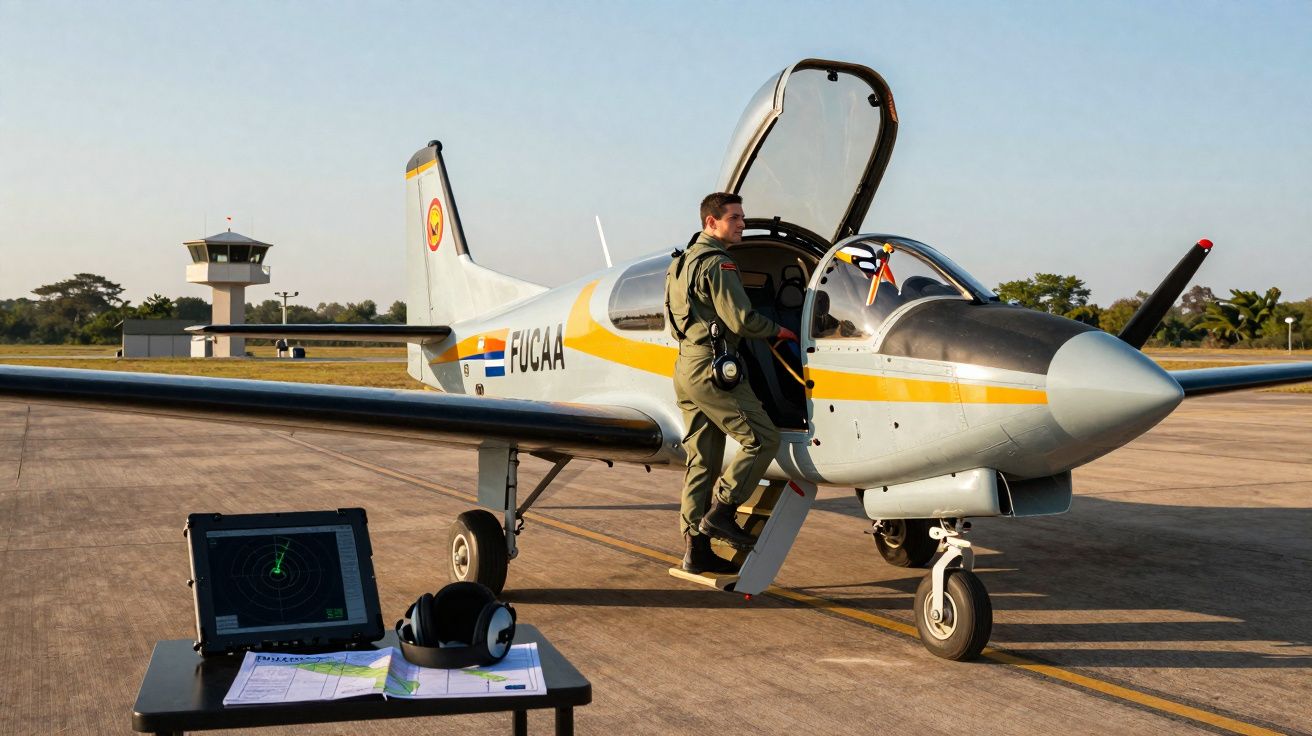 Piloto a entrar num avião militar de treino estacionado numa pista, com radar e mapas numa mesa próxima.