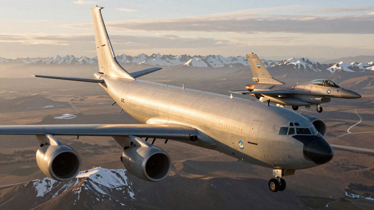 Aviões militares voando juntos sobre montanhas com cume nevado ao pôr do sol.
