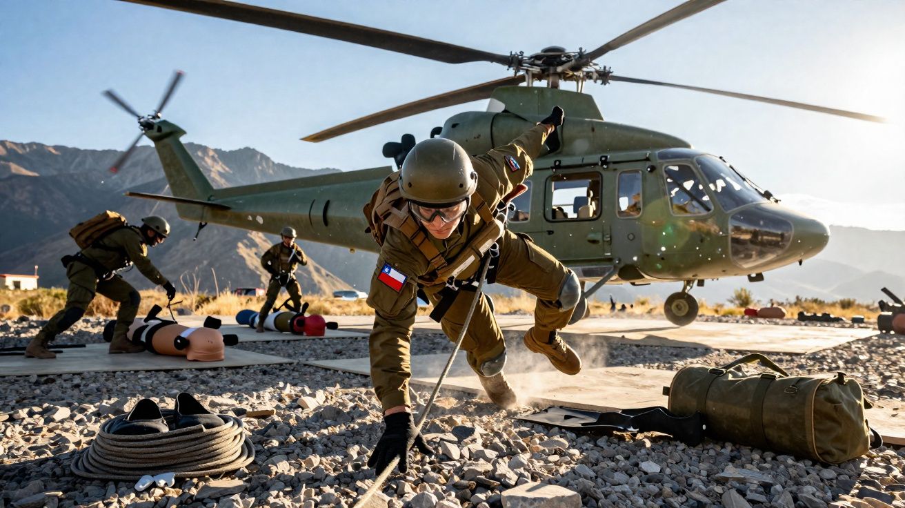 Militar em uniforme camuflado e capacete numa missão de treino perto de um helicóptero militar em terreno rochoso.