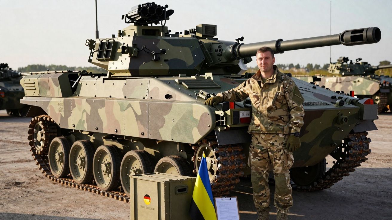 Soldado em uniforme camuflado encostado num carro de combate camuflado, com bandeira ucraniana à frente.
